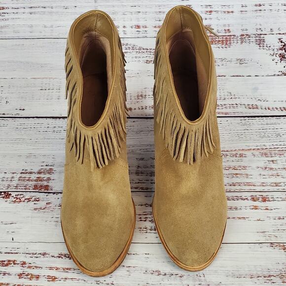 Joie Loren Fringe Boots Boho Tan Suede Leather Slip on Western Booties Size 39.5 - Picture 5 of 11